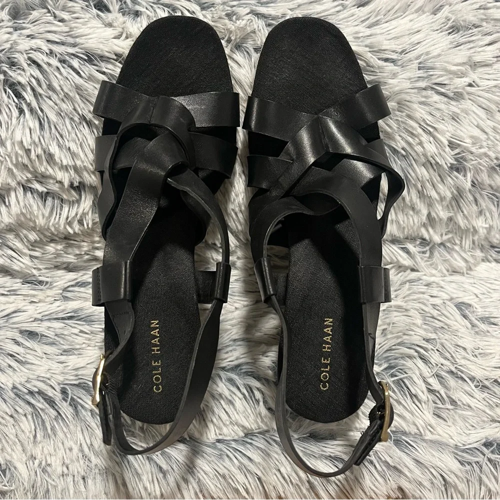 Cole Haan Crystal Wedge Sandals Black‎ Leather Size 7.5B